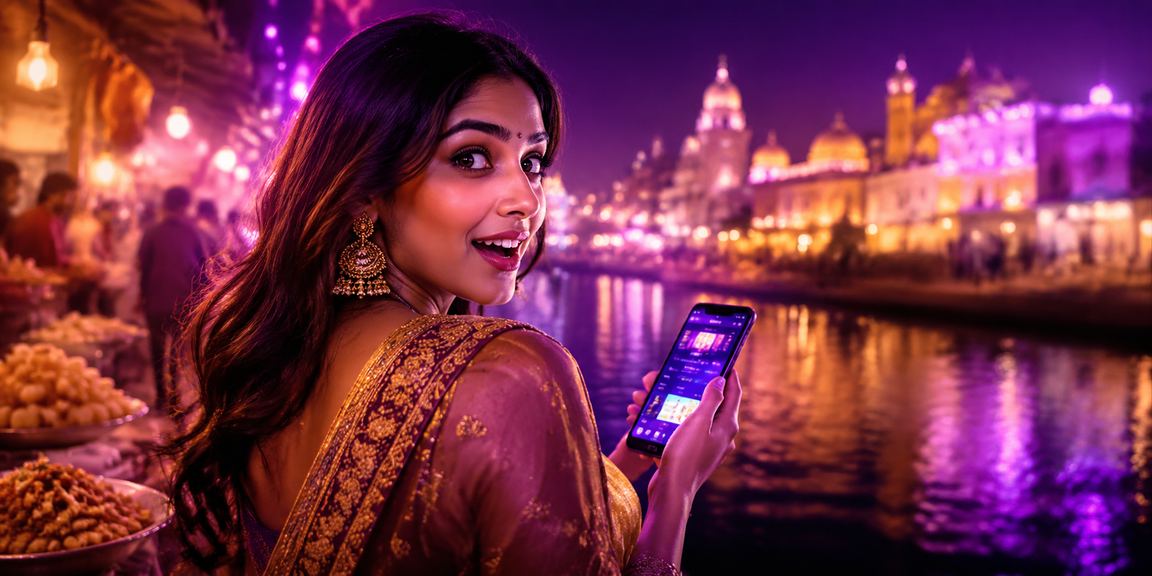 Indian player using mobile device at casino night market